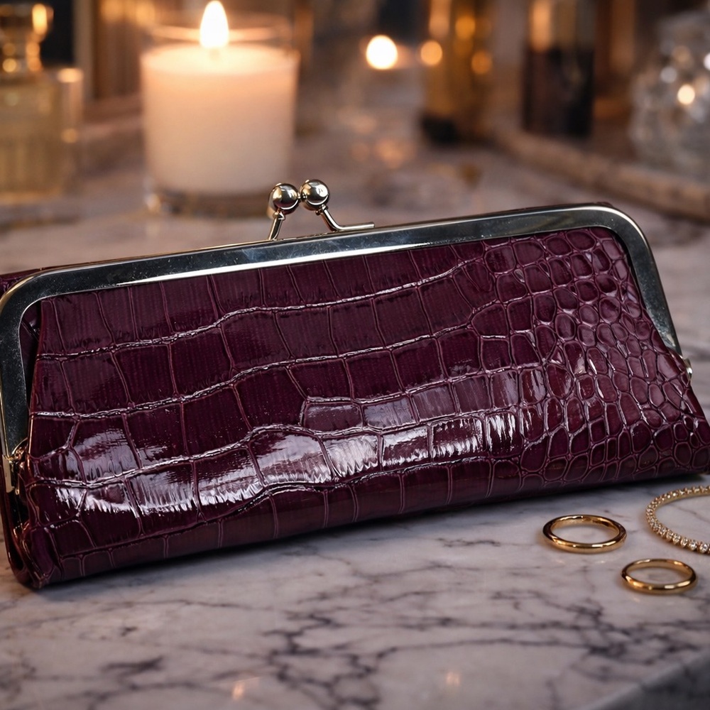 Nicole Miller Burgundy Croc Patent Leather Clutch Wallet Kiss Lock
